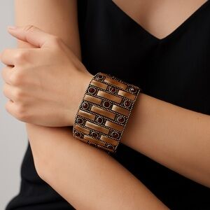 Cuff bracelet goldtone metal stretch tan enamel rust crystal 2” wide